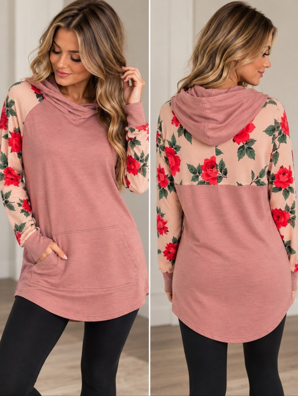 LuLaRoe Amber Small Dusty Rose Pink and Red Rose Lightweight Hoodie
